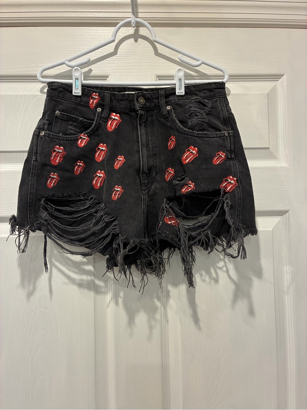 Zara Black Rolling Stones Distressed Denim Shorts with Red Tongue Graphics